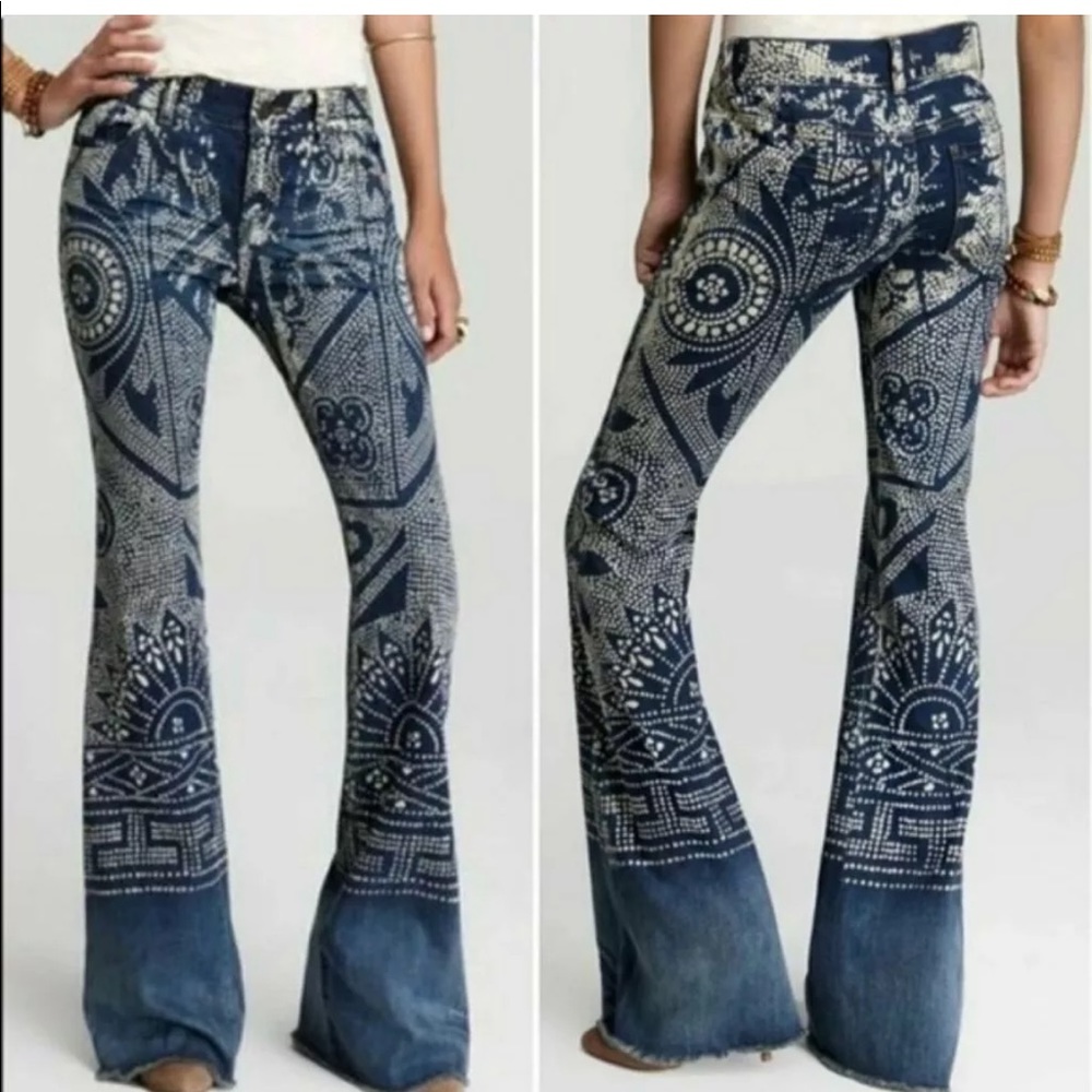 Free People RARE Discharge Bali Print Flare Jeans